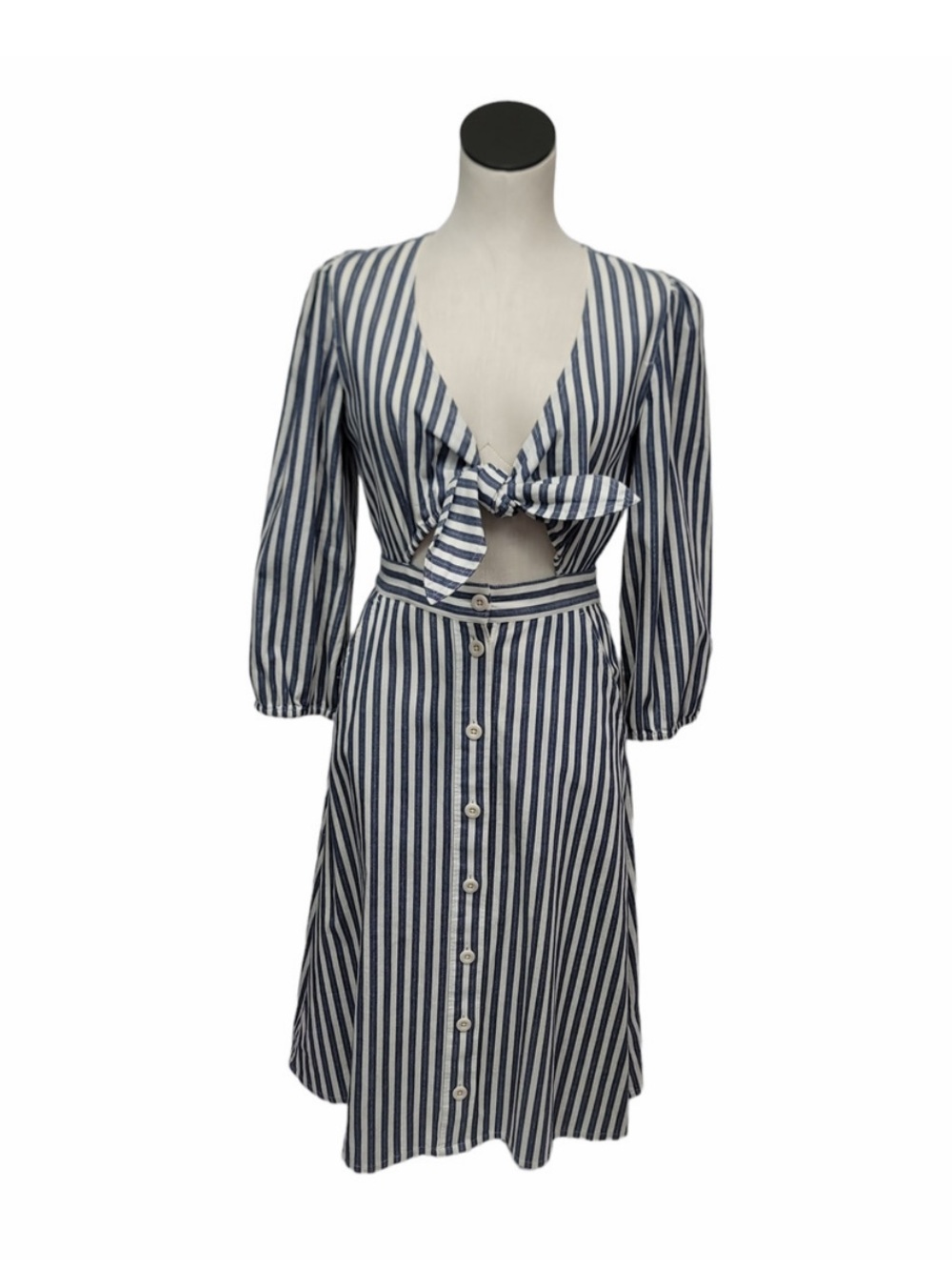 Madewell Navy and White/Silvery Striped Tie-Front Cutout Midi Dress